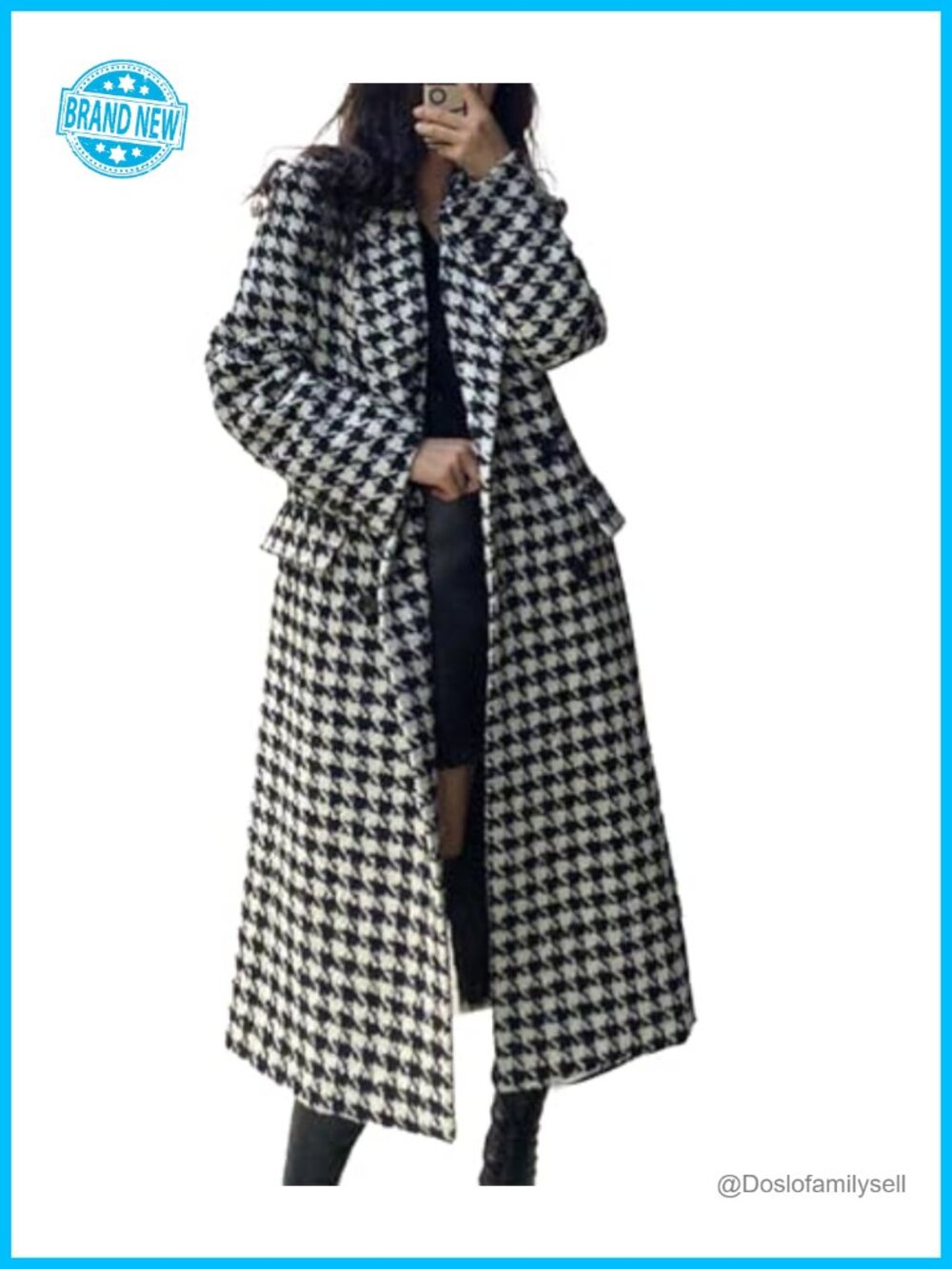 Houndstooth Trench Coat Winter Long Overcoat Pea Coat